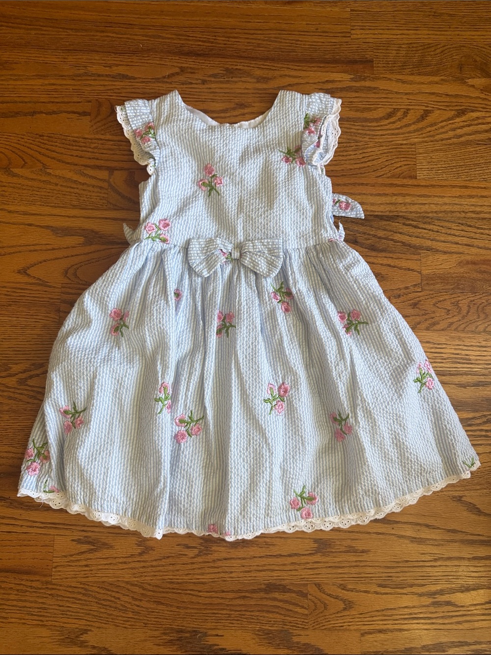 Girls Light Blue Floral Seersucker Dress